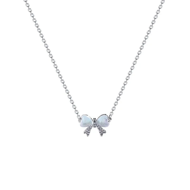 Korean Ribbon Bow Necklace – Delicate Heart Design in Opal & Zircon